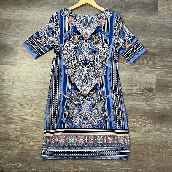 Dress Barn DB Signature Camryn Blue Printed Shift Dress Size 8 - Picture 3 of 7